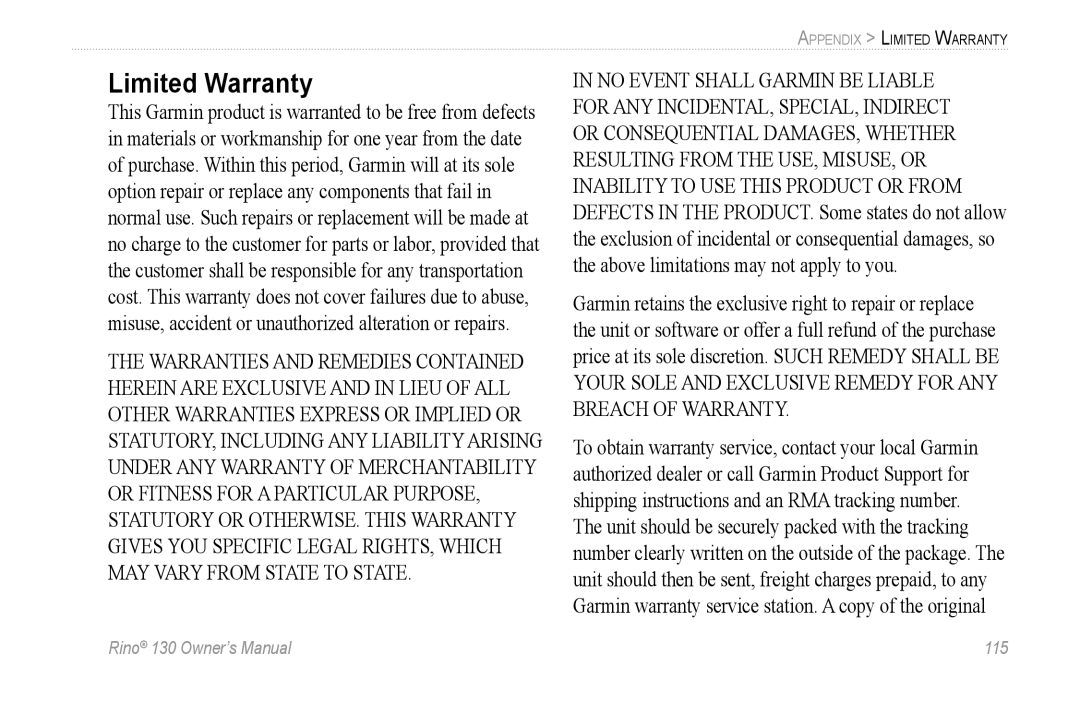 Garmin 130 owner manual Limited Warranty 