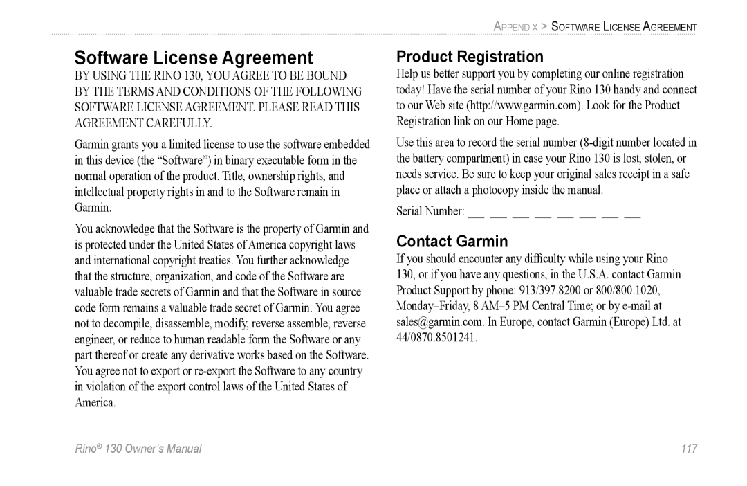 Garmin 130 owner manual Software License Agreement, Product Registration, Contact Garmin 