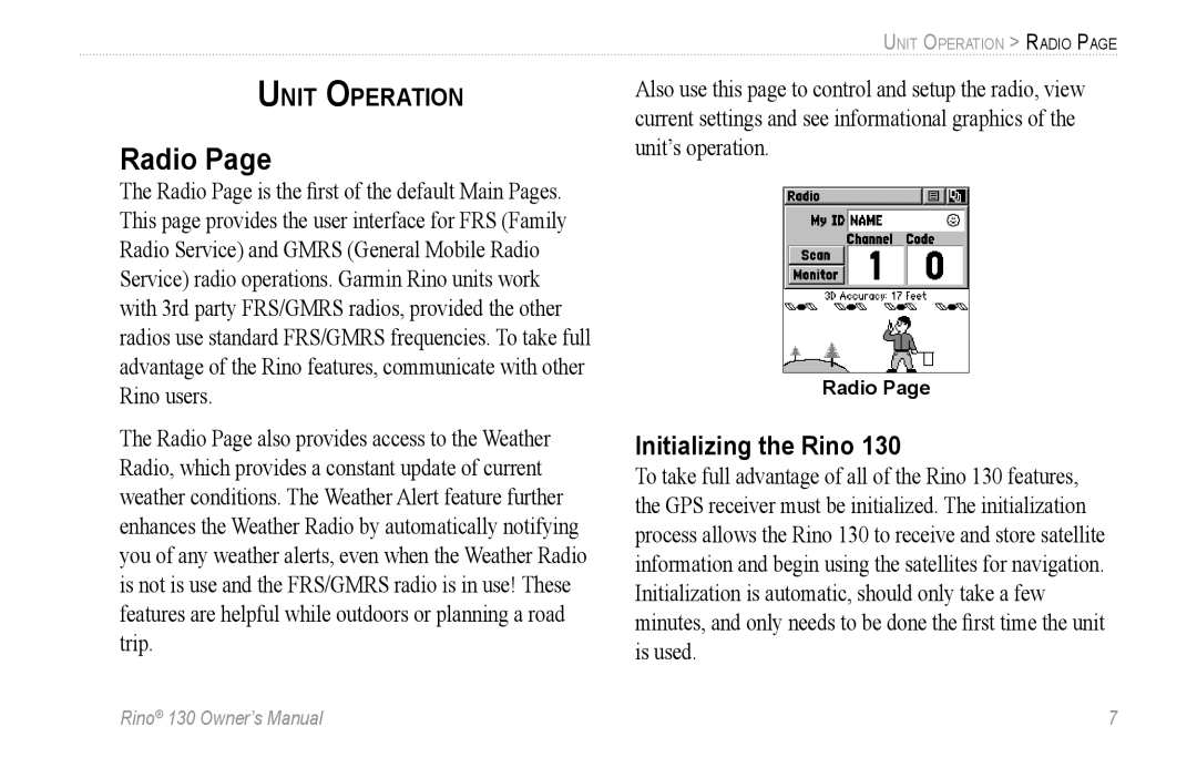 Garmin 130 owner manual Radio, Initializing the Rino 