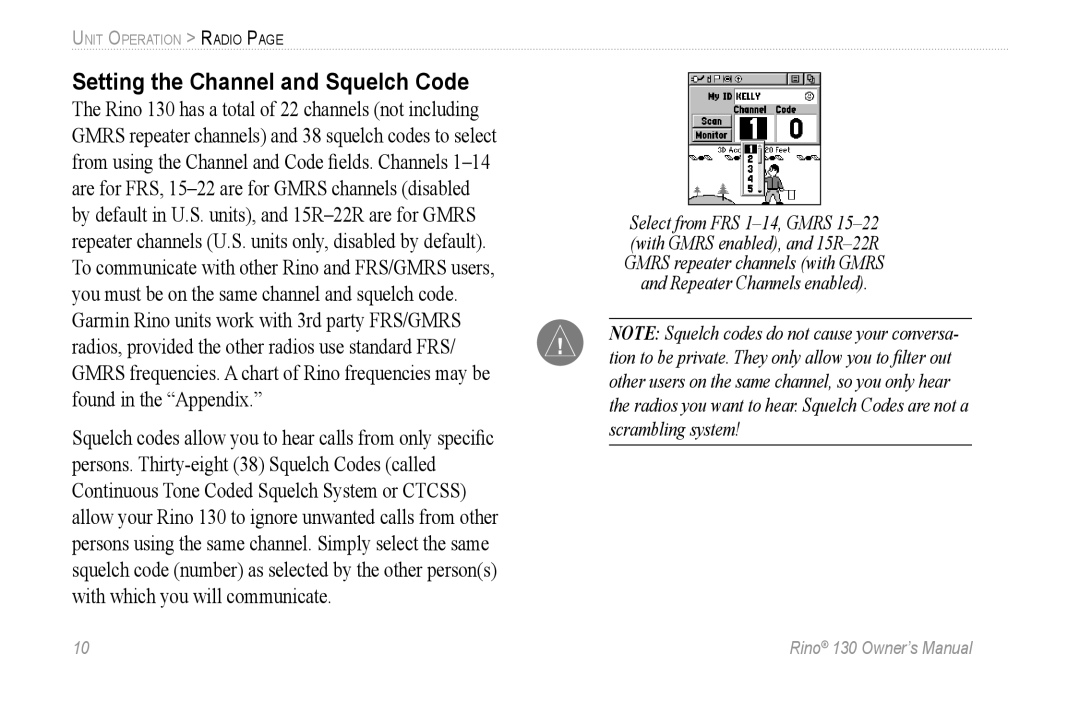 Garmin 130 owner manual Setting the Channel and Squelch Code 