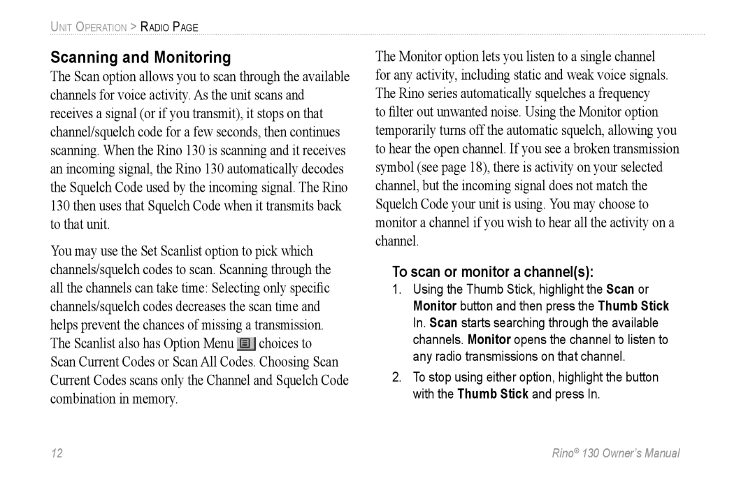 Garmin 130 owner manual Scanning and Monitoring, To scan or monitor a channels 