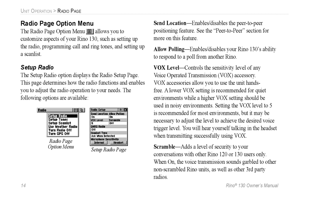 Garmin 130 owner manual Radio Page Option Menu, Setup Radio 