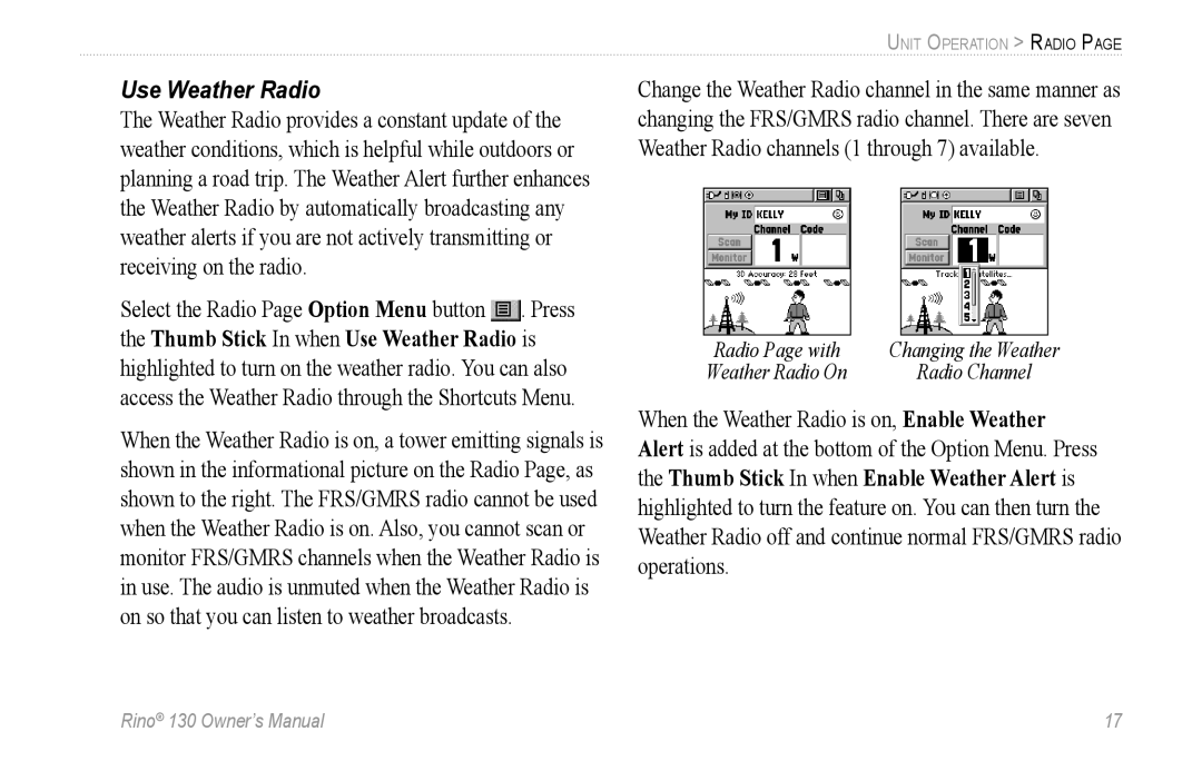 Garmin 130 owner manual Use Weather Radio 