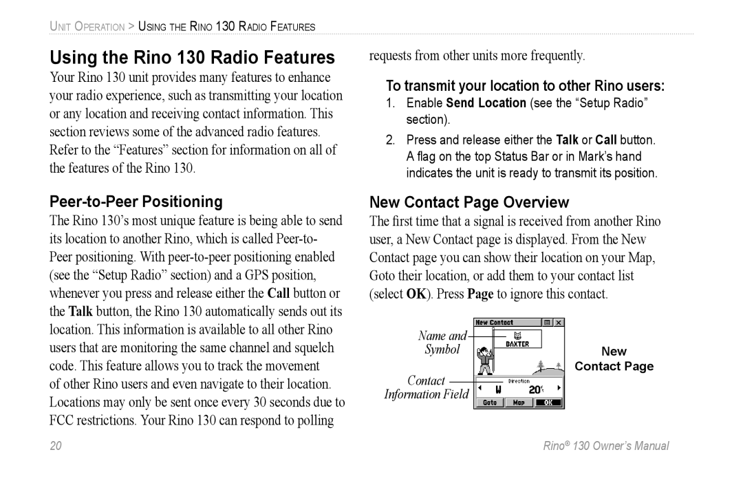 Garmin 130 owner manual Peer-to-Peer Positioning, New Contact Page Overview, To transmit your location to other Rino users 