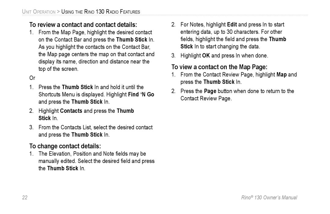 Garmin 130 owner manual To review a contact and contact details, To change contact details, To view a contact on the Map 