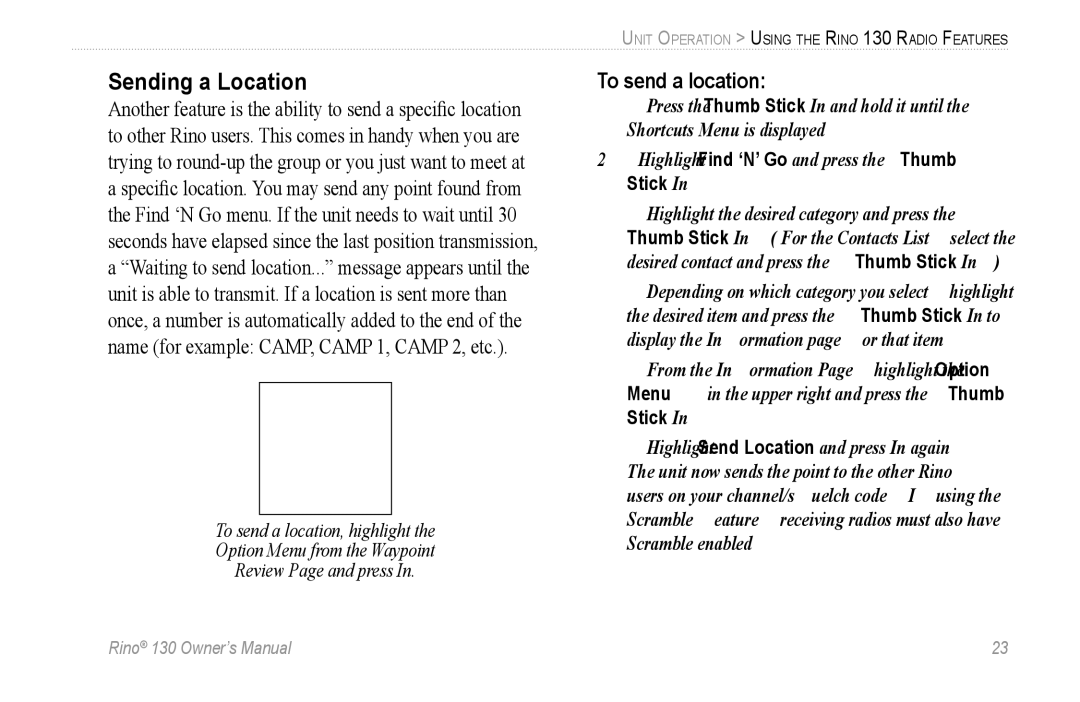 Garmin 130 owner manual Sending a Location, To send a location 