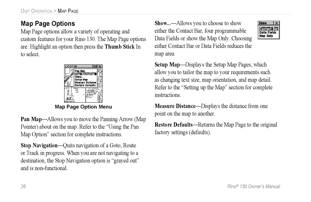 Garmin 130 owner manual Map Page Options, Map Page Option Menu 