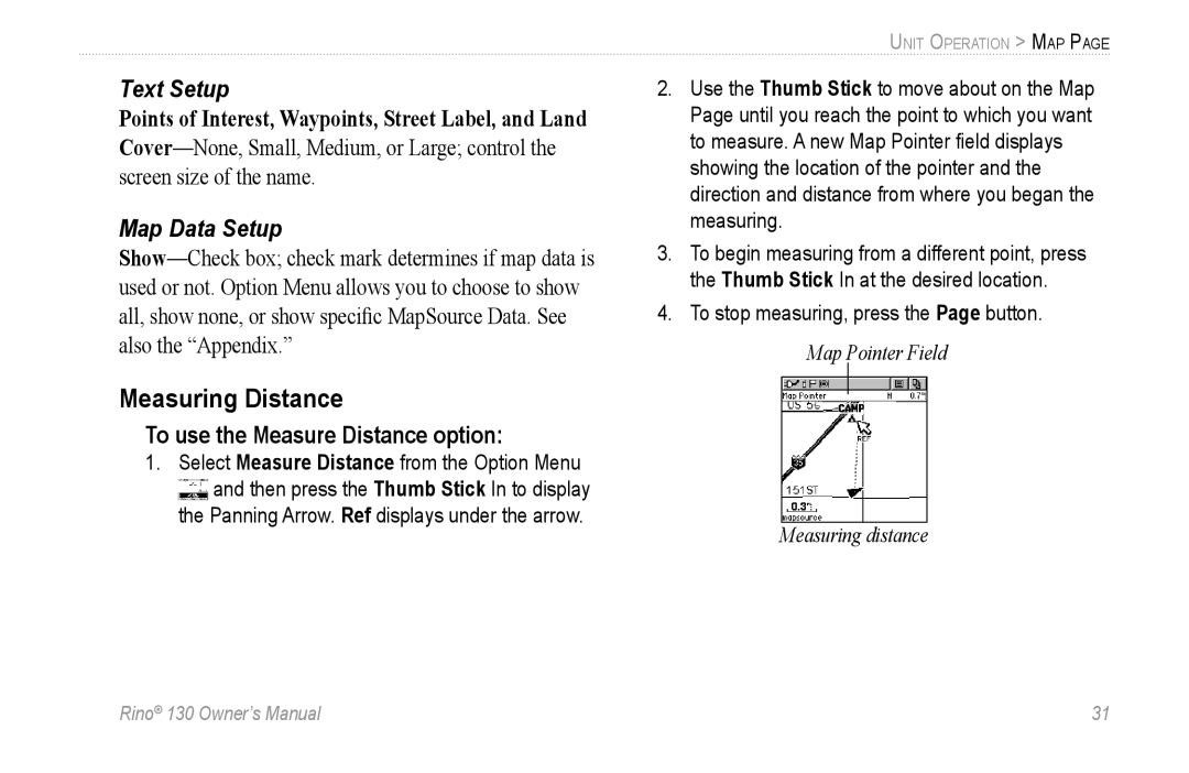 Garmin 130 owner manual Measuring Distance, To use the Measure Distance option, To stop measuring, press the Page button 