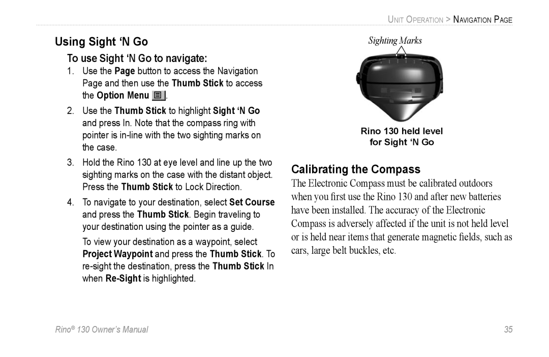 Garmin 130 owner manual Using Sight ‘N Go, Calibrating the Compass, To use Sight ‘N Go to navigate 