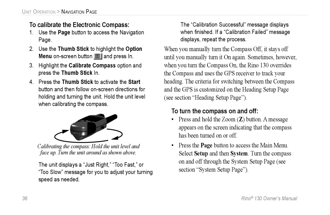 Garmin 130 owner manual To calibrate the Electronic Compass, To turn the compass on and off 