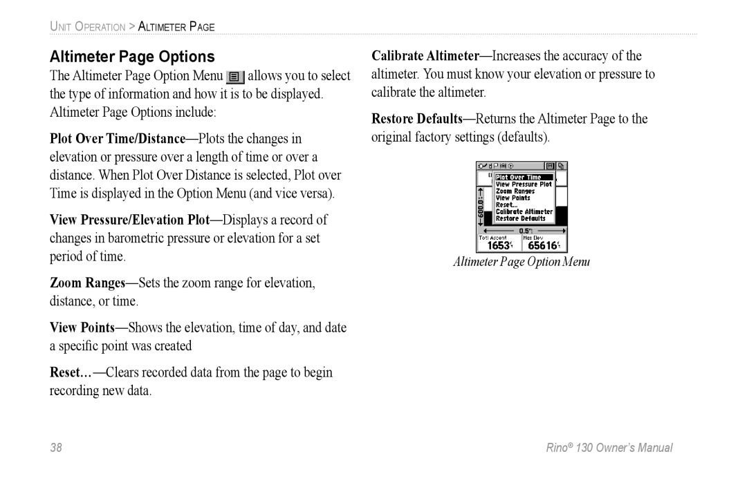 Garmin 130 owner manual Altimeter Page Options 