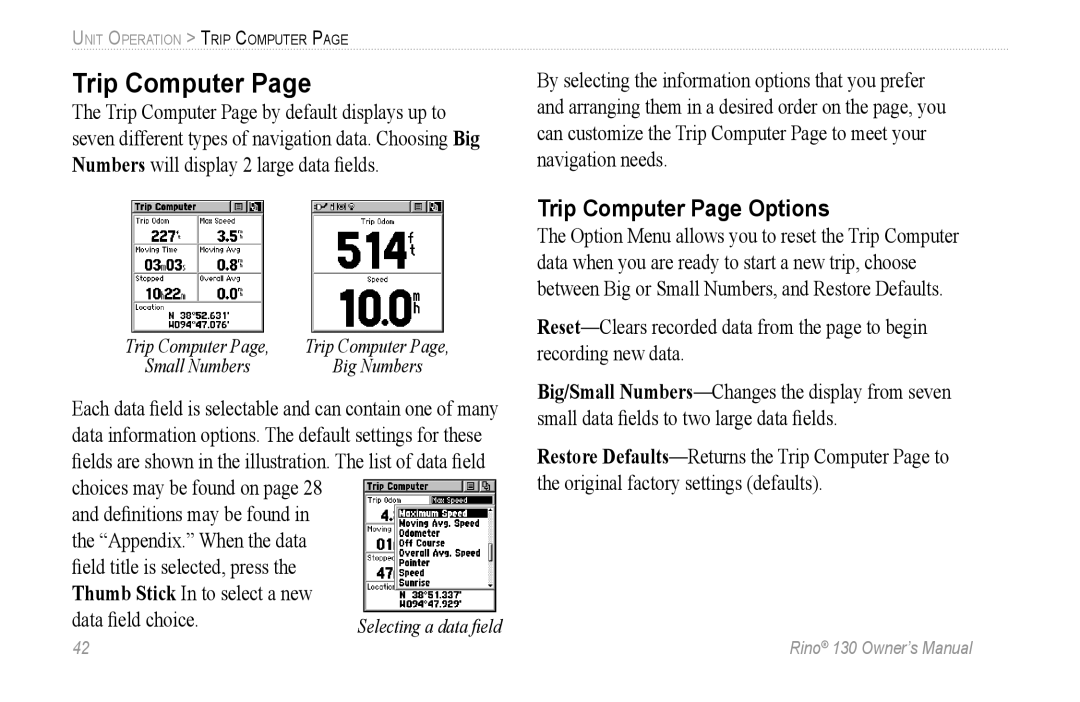 Garmin 130 owner manual Trip Computer Page Options 