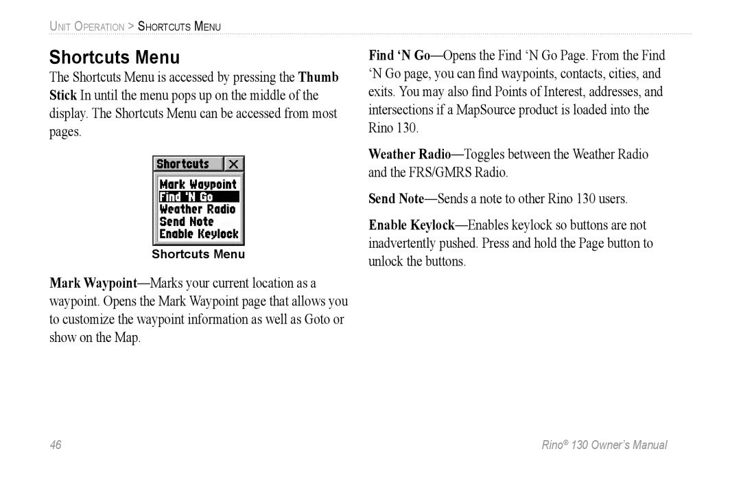 Garmin 130 owner manual Shortcuts Menu 