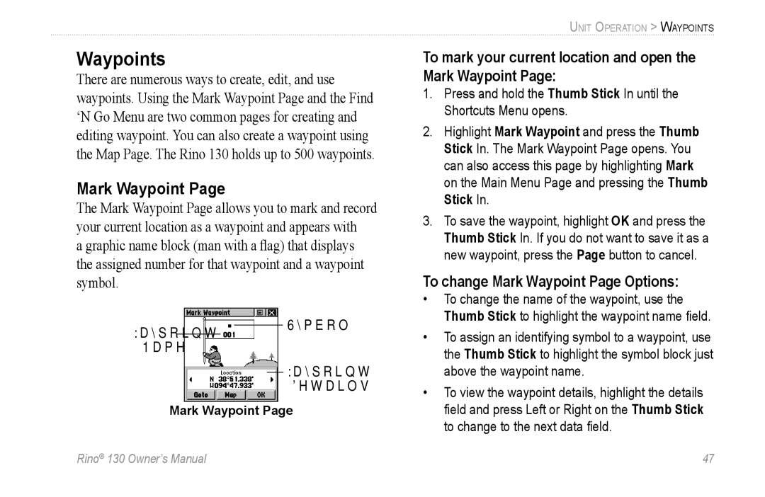 Garmin 130 Waypoints, To mark your current location and open the Mark Waypoint, To change Mark Waypoint Page Options 