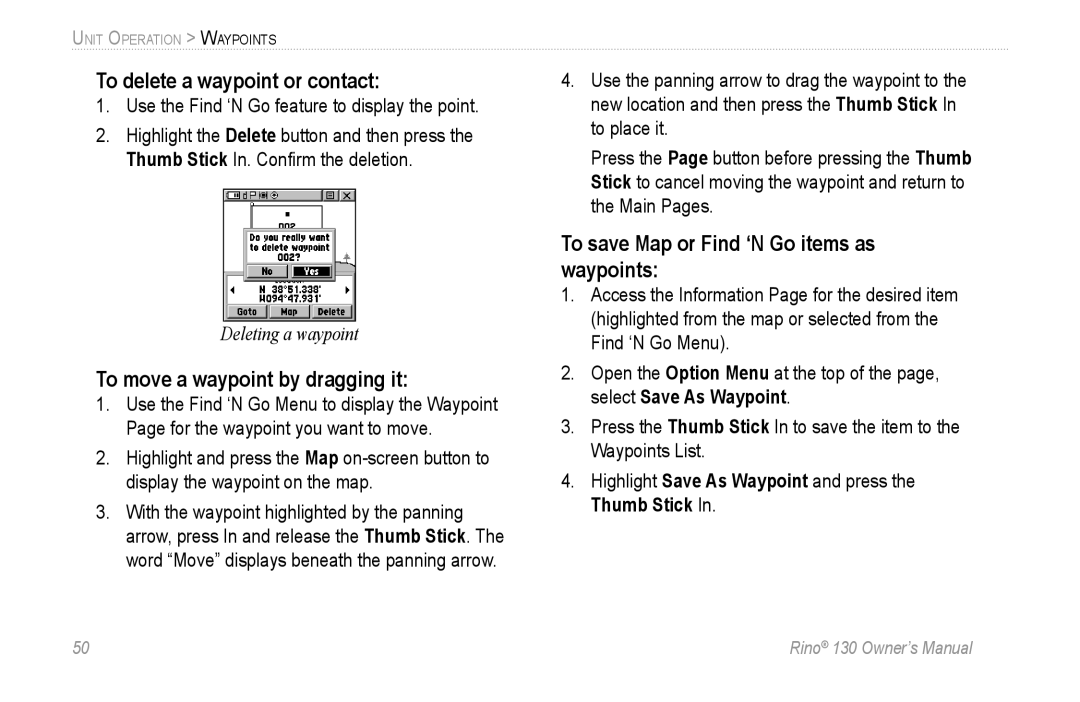 Garmin 130 owner manual To delete a waypoint or contact, To move a waypoint by dragging it 