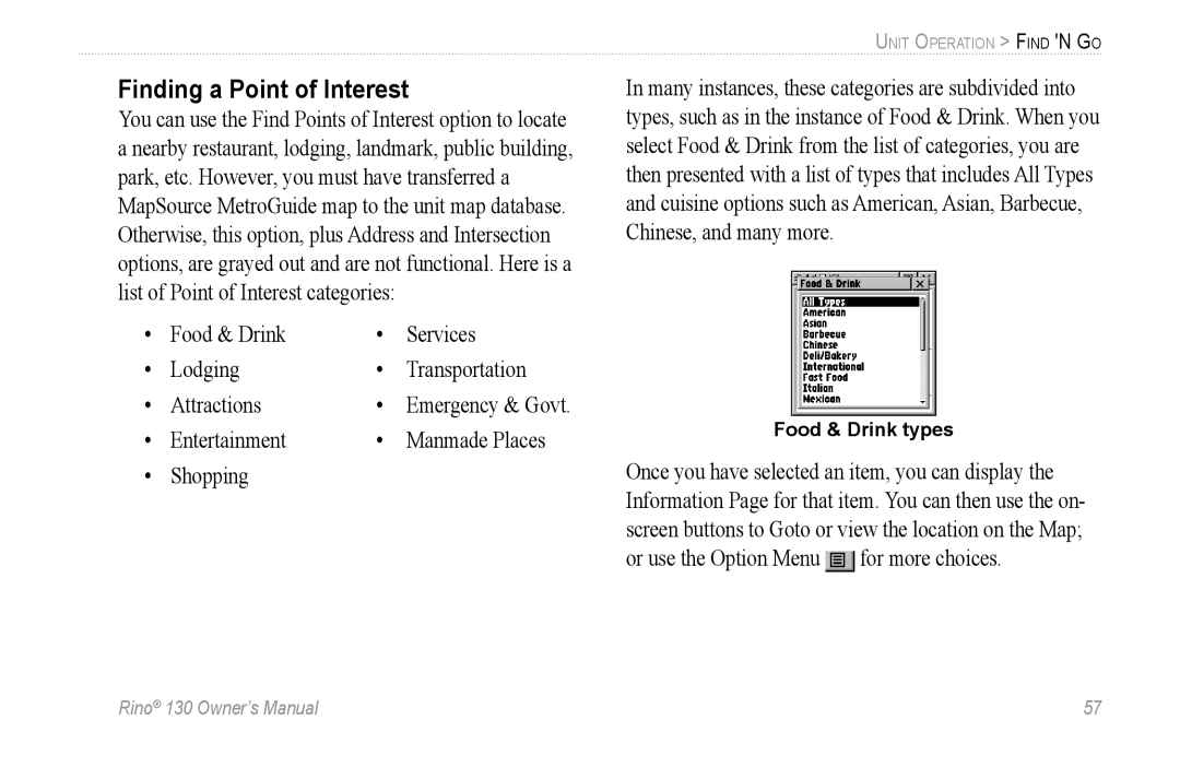 Garmin 130 owner manual Finding a Point of Interest, Shopping 