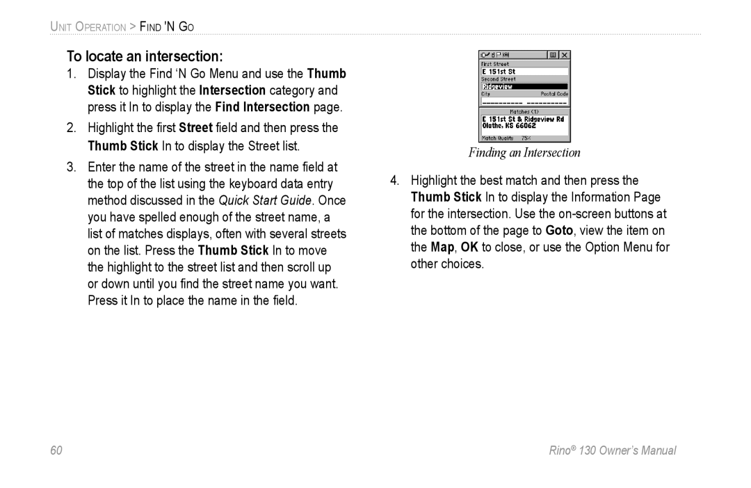 Garmin 130 owner manual To locate an intersection, Finding an Intersection 