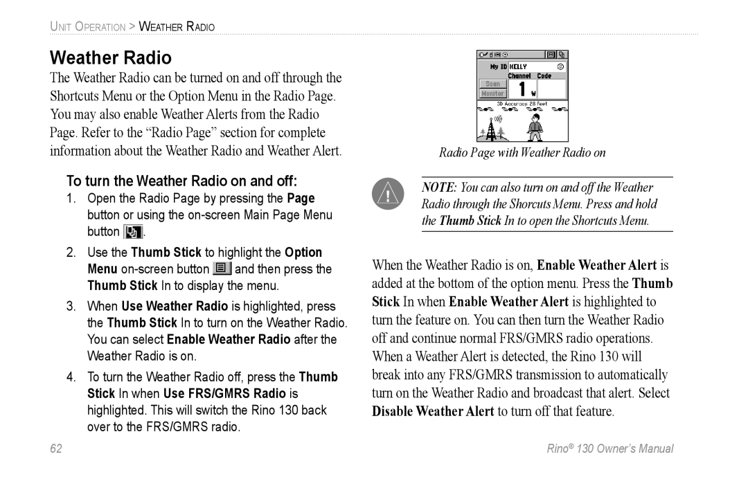 Garmin 130 owner manual To turn the Weather Radio on and off 