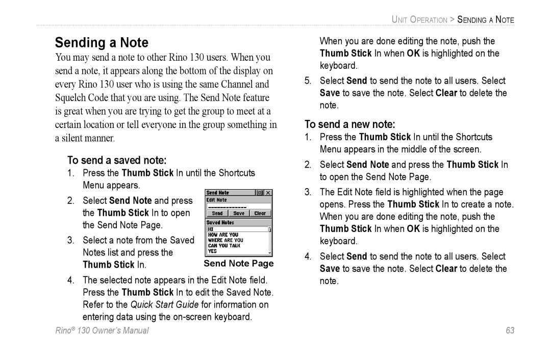 Garmin 130 owner manual Sending a Note, To send a saved note, To send a new note 