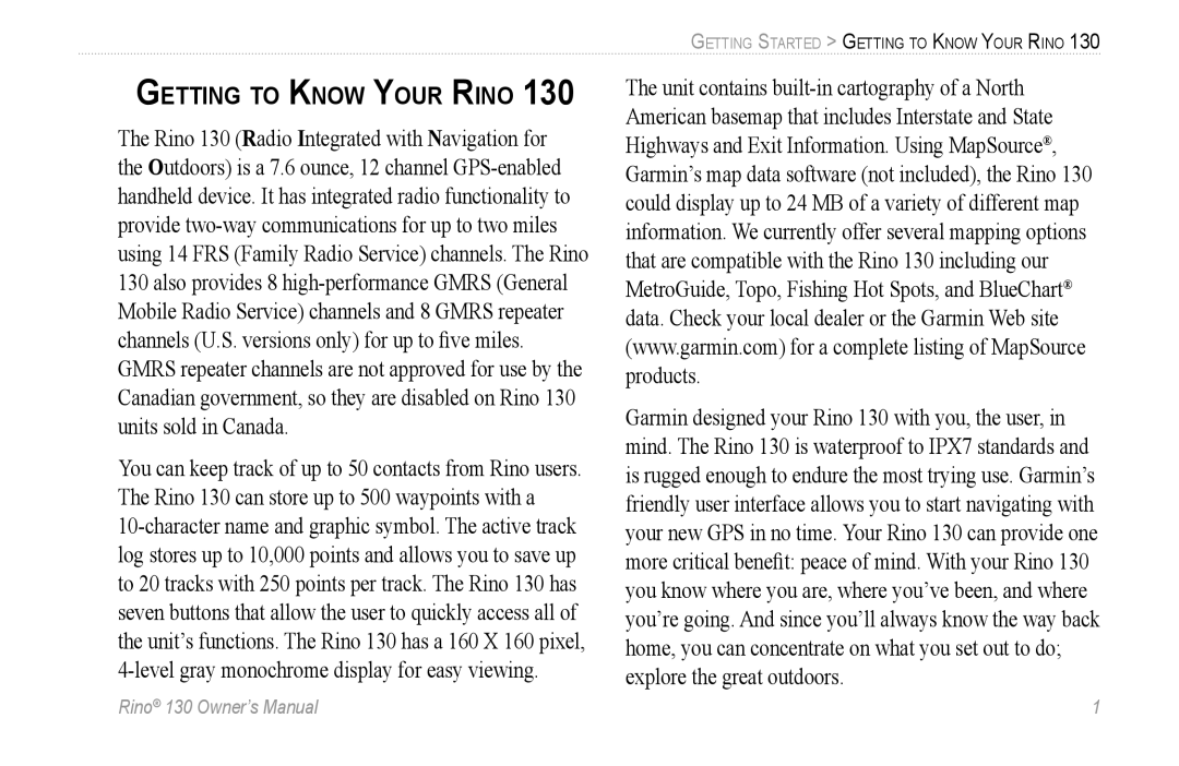 Garmin 130 owner manual Getting to Know Your Rino 