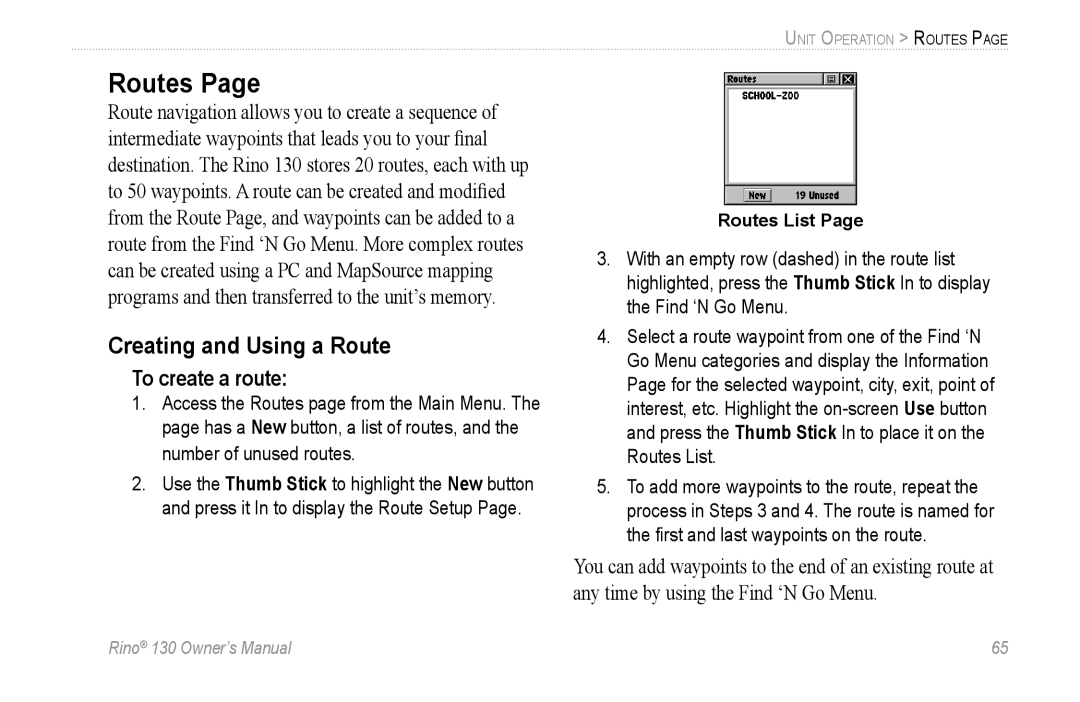 Garmin 130 owner manual Routes, Creating and Using a Route, To create a route 