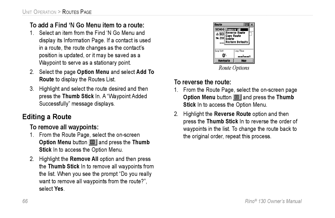 Garmin 130 Editing a Route, To add a Find ‘N Go Menu item to a route, To remove all waypoints, To reverse the route 