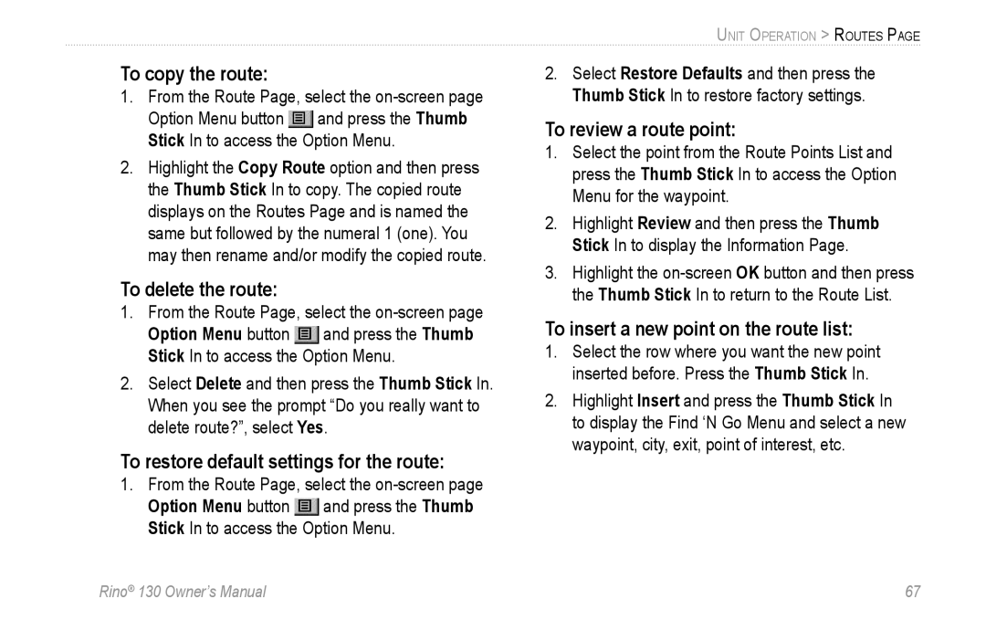 Garmin 130 To copy the route, To delete the route, To restore default settings for the route, To review a route point 