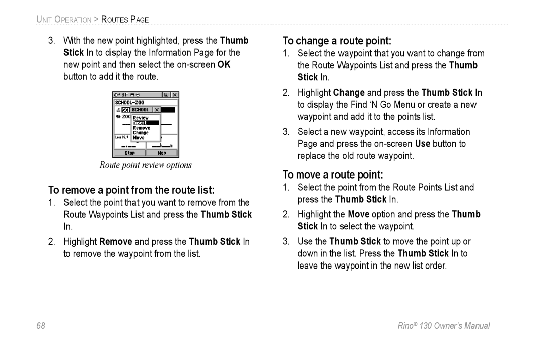 Garmin 130 owner manual To remove a point from the route list, To change a route point, To move a route point 