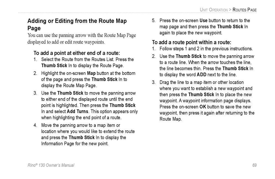 Garmin 130 owner manual Adding or Editing from the Route Map, To add a point at either end of a route 