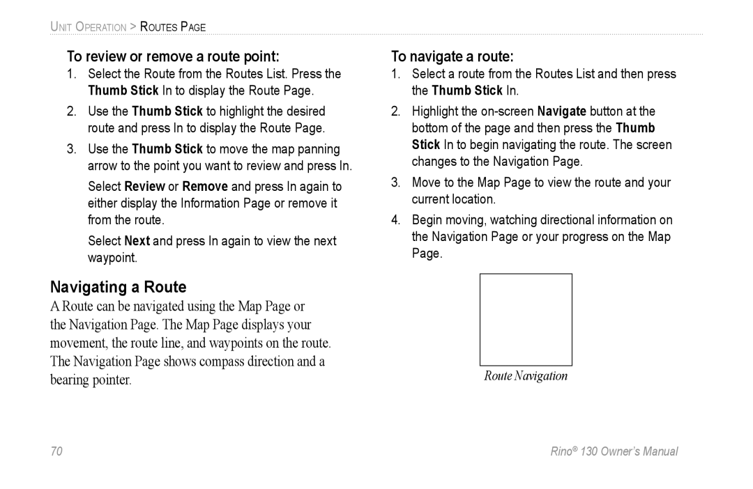 Garmin 130 owner manual Navigating a Route, To review or remove a route point, To navigate a route 