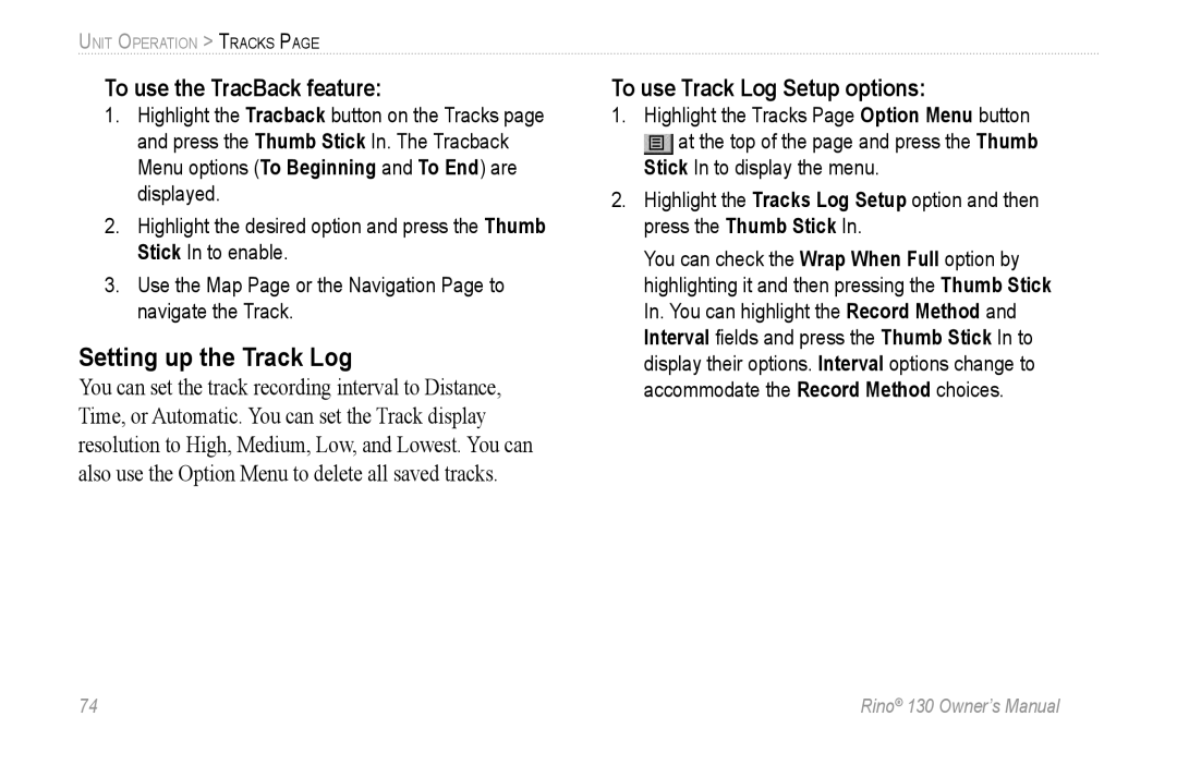 Garmin 130 owner manual Setting up the Track Log, To use the TracBack feature, To use Track Log Setup options 