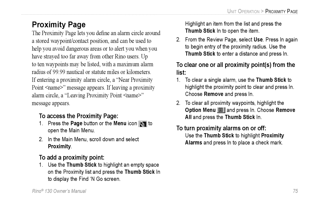 Garmin 130 To access the Proximity, To add a proximity point, To clear one or all proximity points from the list 