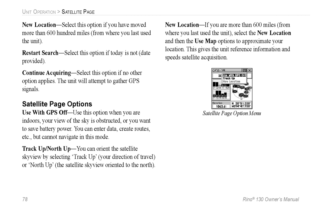 Garmin 130 owner manual Satellite Page Options 