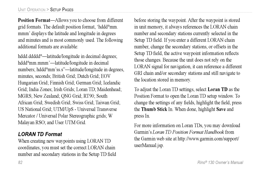 Garmin 130 owner manual Loran TD Format 
