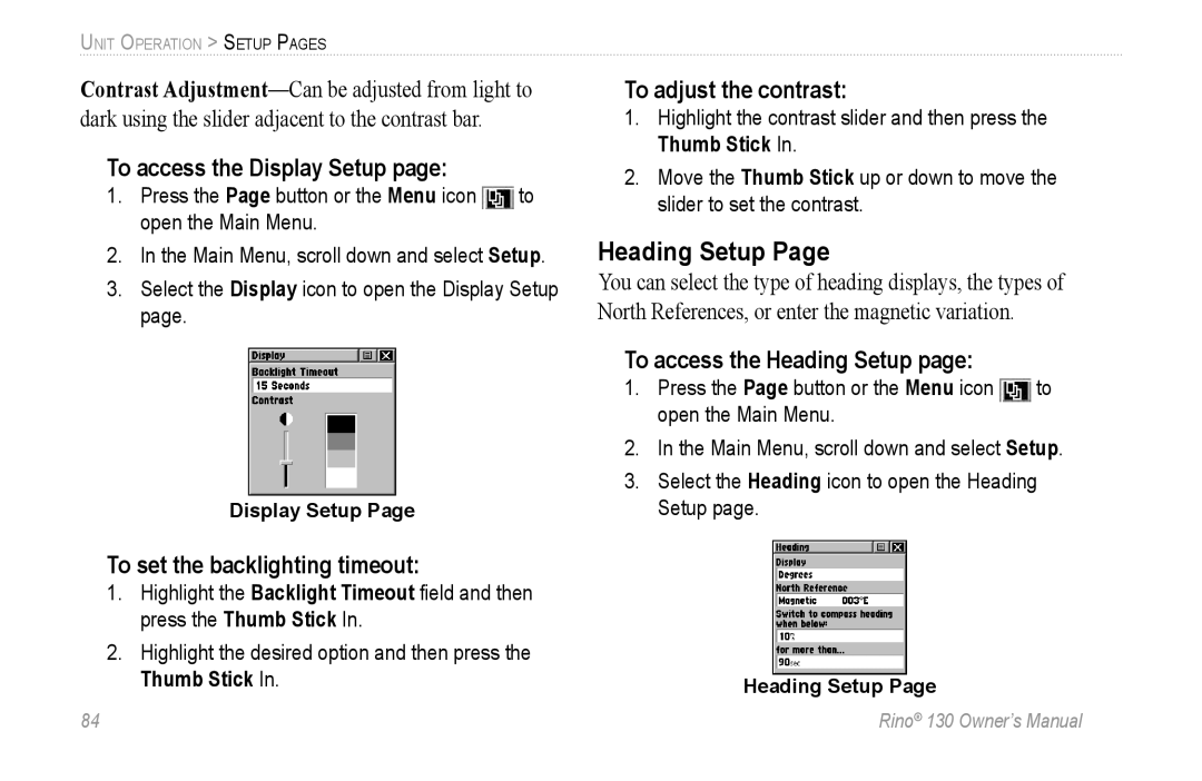 Garmin 130 owner manual To access the Display Setup, To adjust the contrast, To access the Heading Setup 