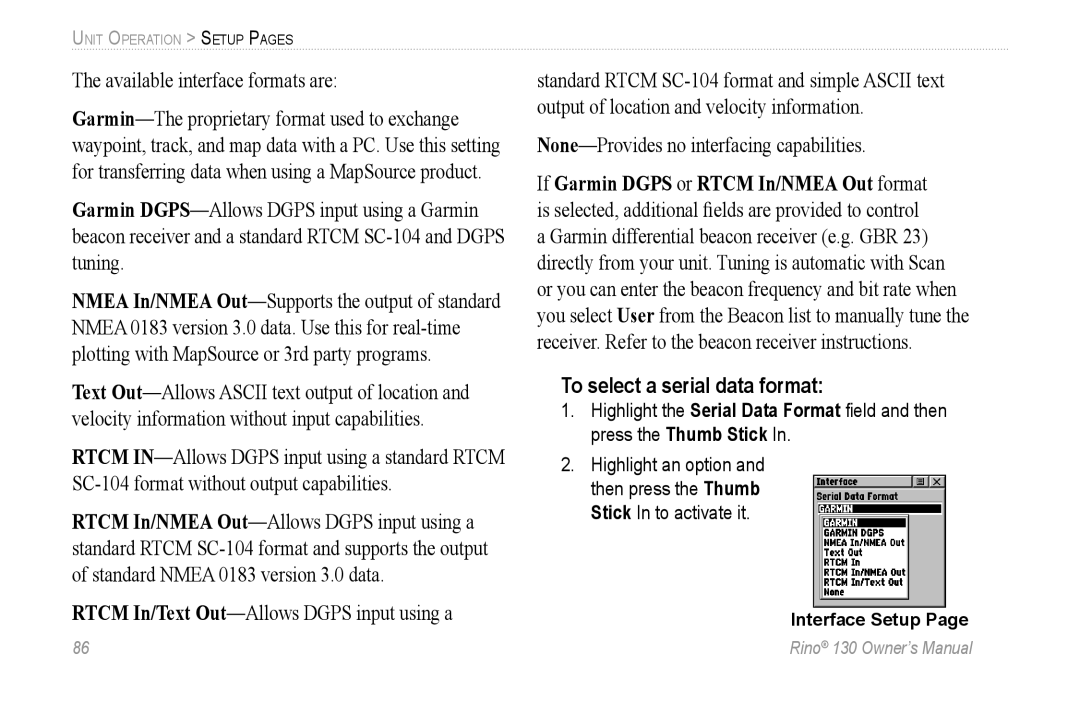 Garmin 130 owner manual Available interface formats are, To select a serial data format 