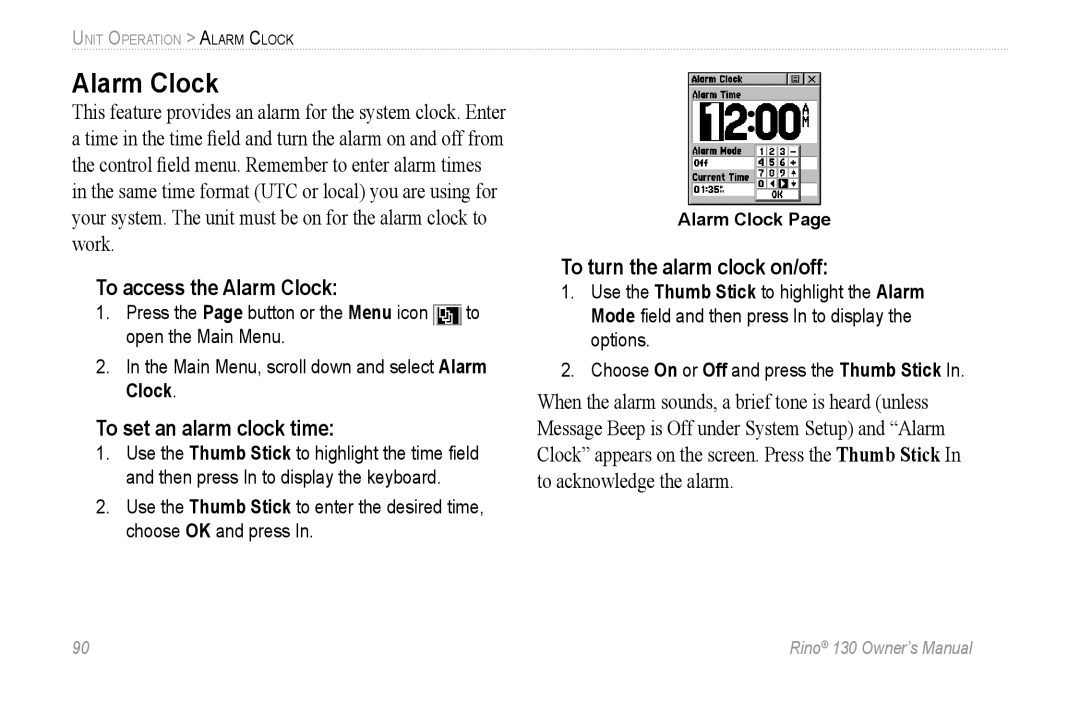 Garmin 130 owner manual To access the Alarm Clock, To set an alarm clock time, To turn the alarm clock on/off 