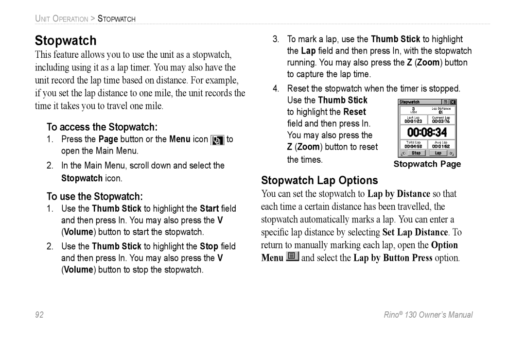 Garmin 130 owner manual Stopwatch Lap Options, To access the Stopwatch, To use the Stopwatch 