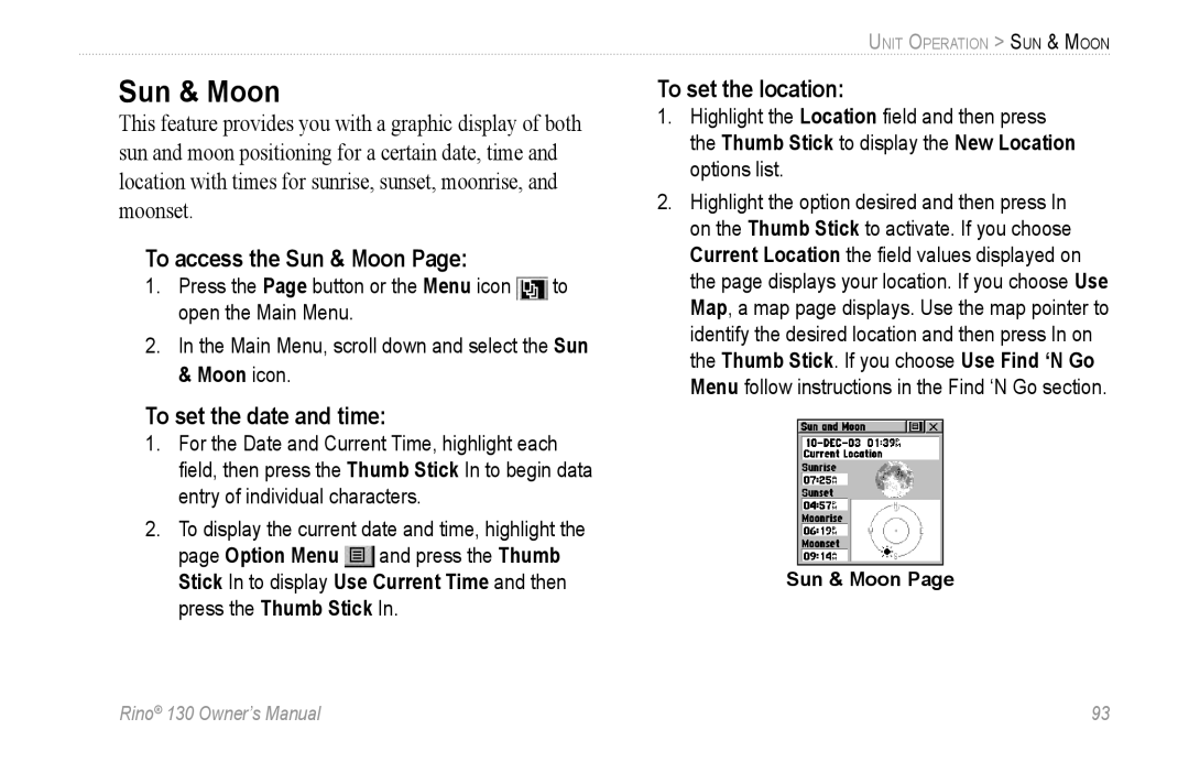 Garmin 130 owner manual To access the Sun & Moon, To set the date and time, To set the location 