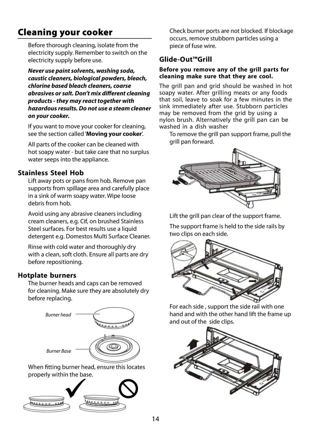 Garmin 210 GEO T DL user manual Cleaning your cooker, Stainless Steel Hob, Hotplate burners, Glide-OutGrill 