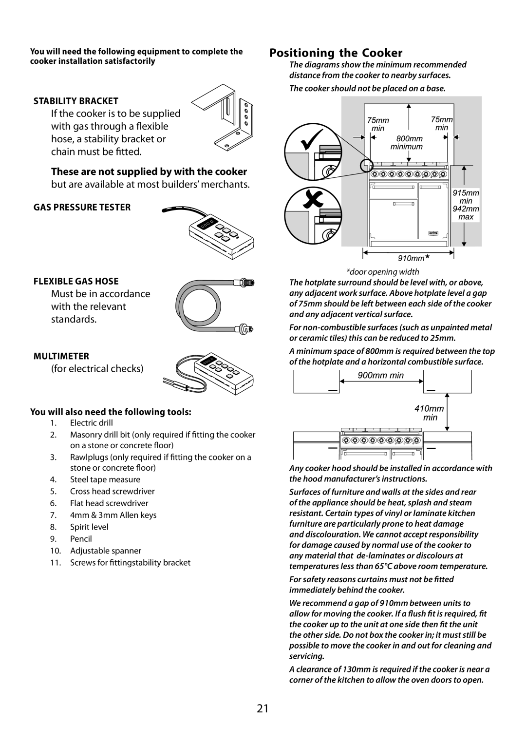 Garmin 210 GEO T DL user manual Positioning the Cooker, These are not supplied by with the cooker 