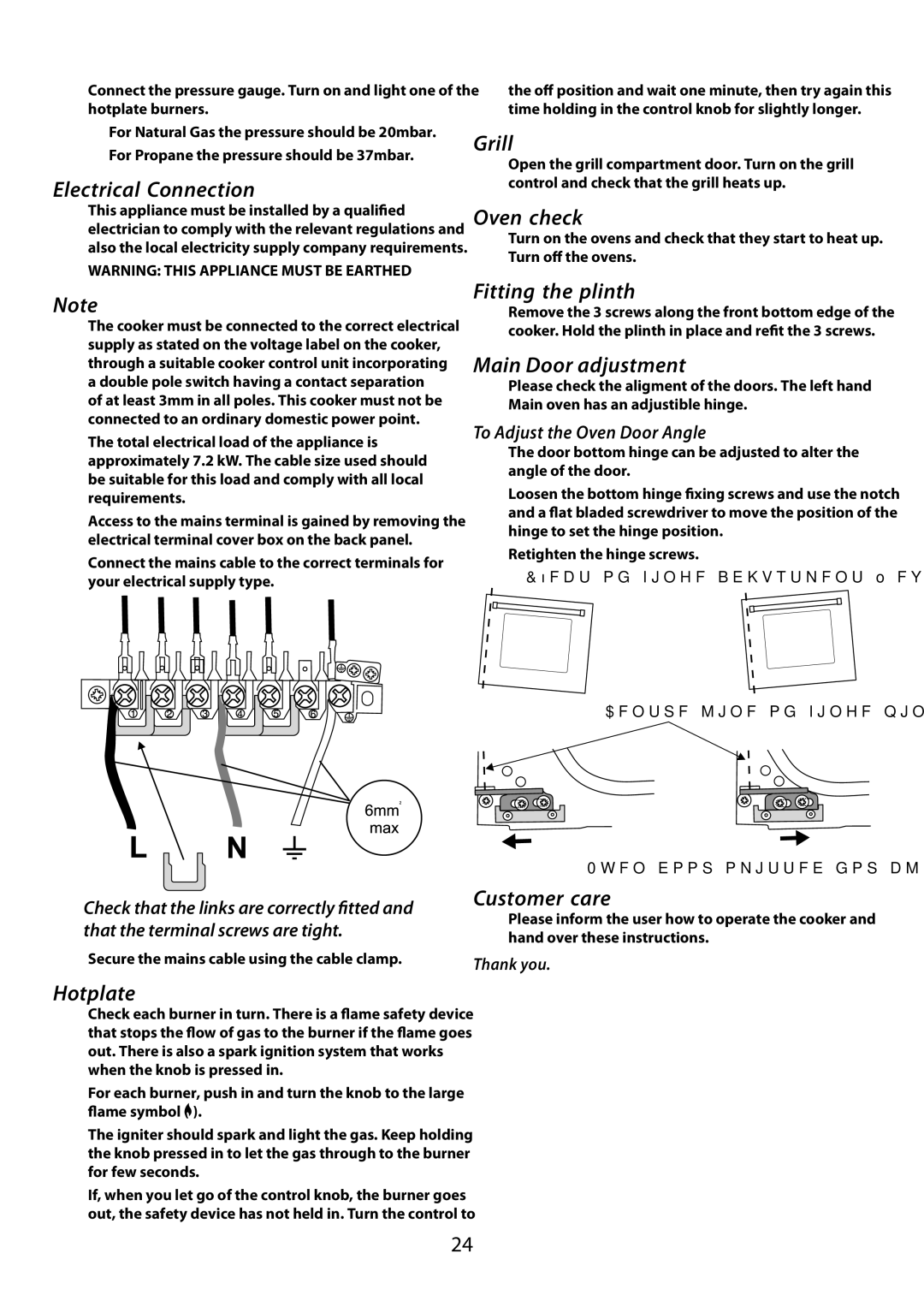 Garmin 210 GEO T DL Electrical Connection, Hotplate, Grill, Oven check, Fitting the plinth, Main Door adjustment 