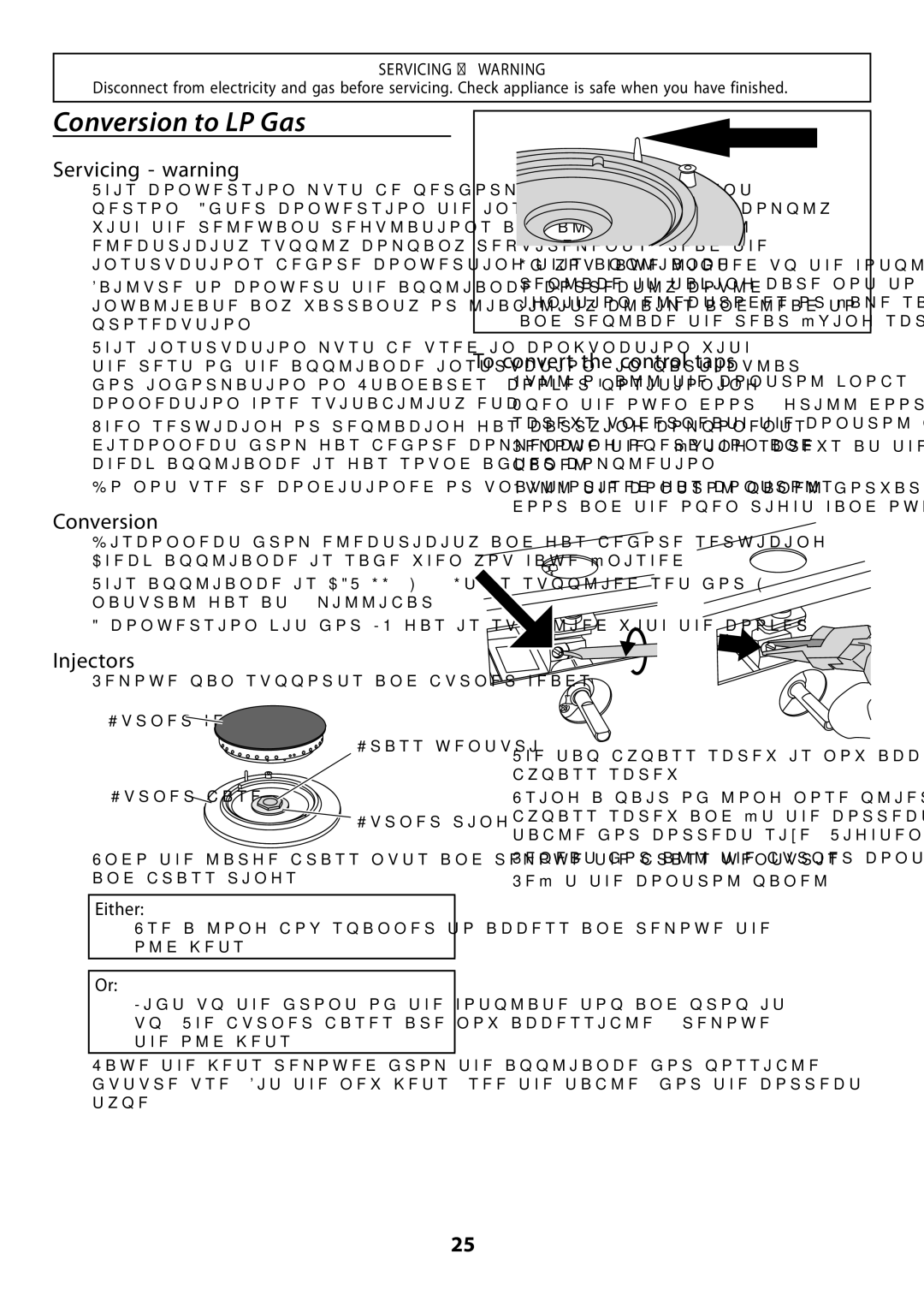 Garmin 210 GEO T DL user manual Conversion to LP Gas, Servicing warning, Injectors, To convert the control taps, Either 