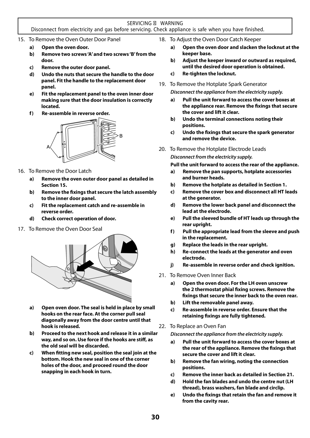 Garmin 210 GEO T DL user manual To Remove the Oven Outer Door Panel, To Remove the Door Latch, To Remove the Oven Door Seal 