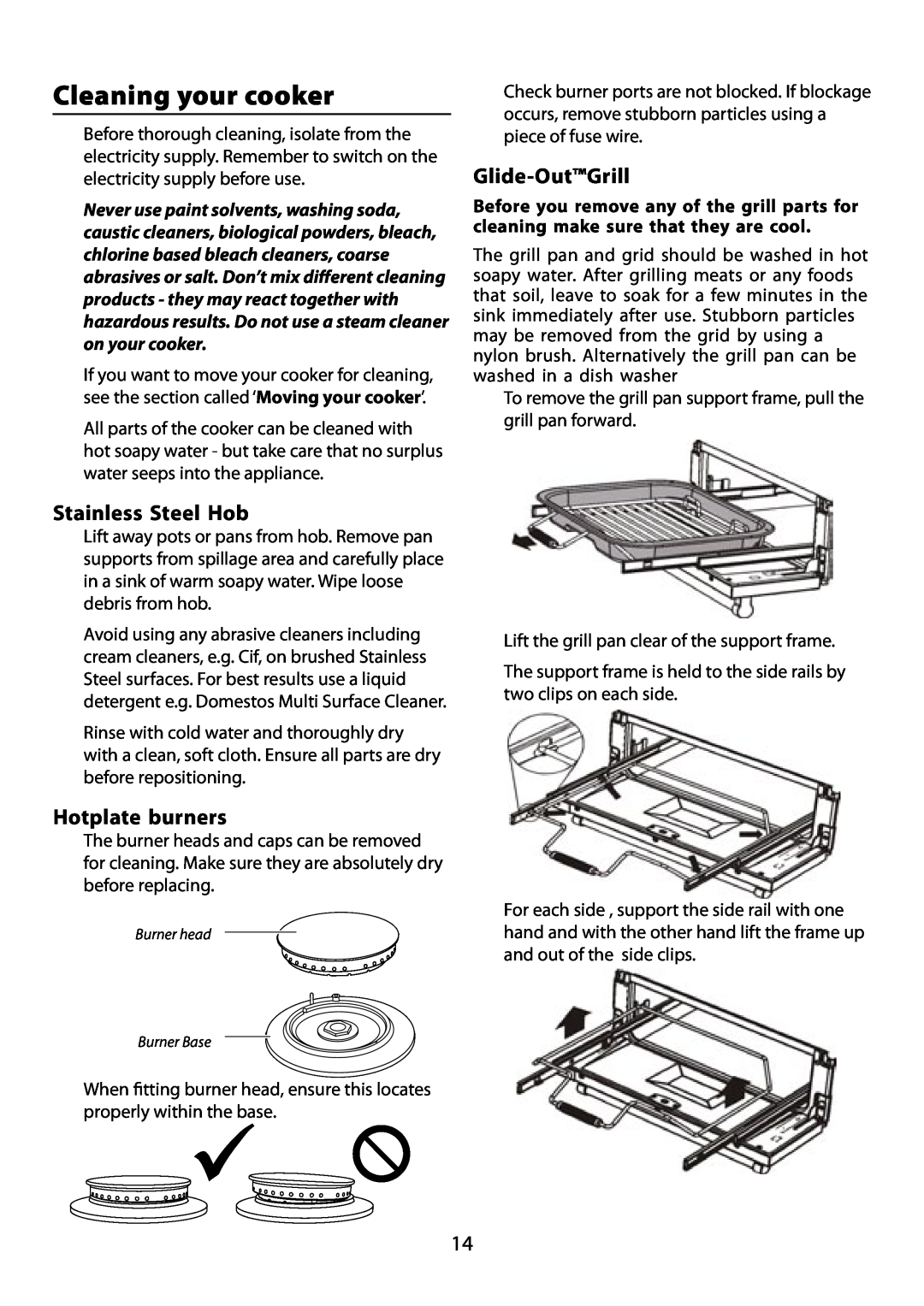 Garmin 210 GEO T DL user manual Cleaning your cooker, Stainless Steel Hob, Hotplate burners, Glide-OutGrill 