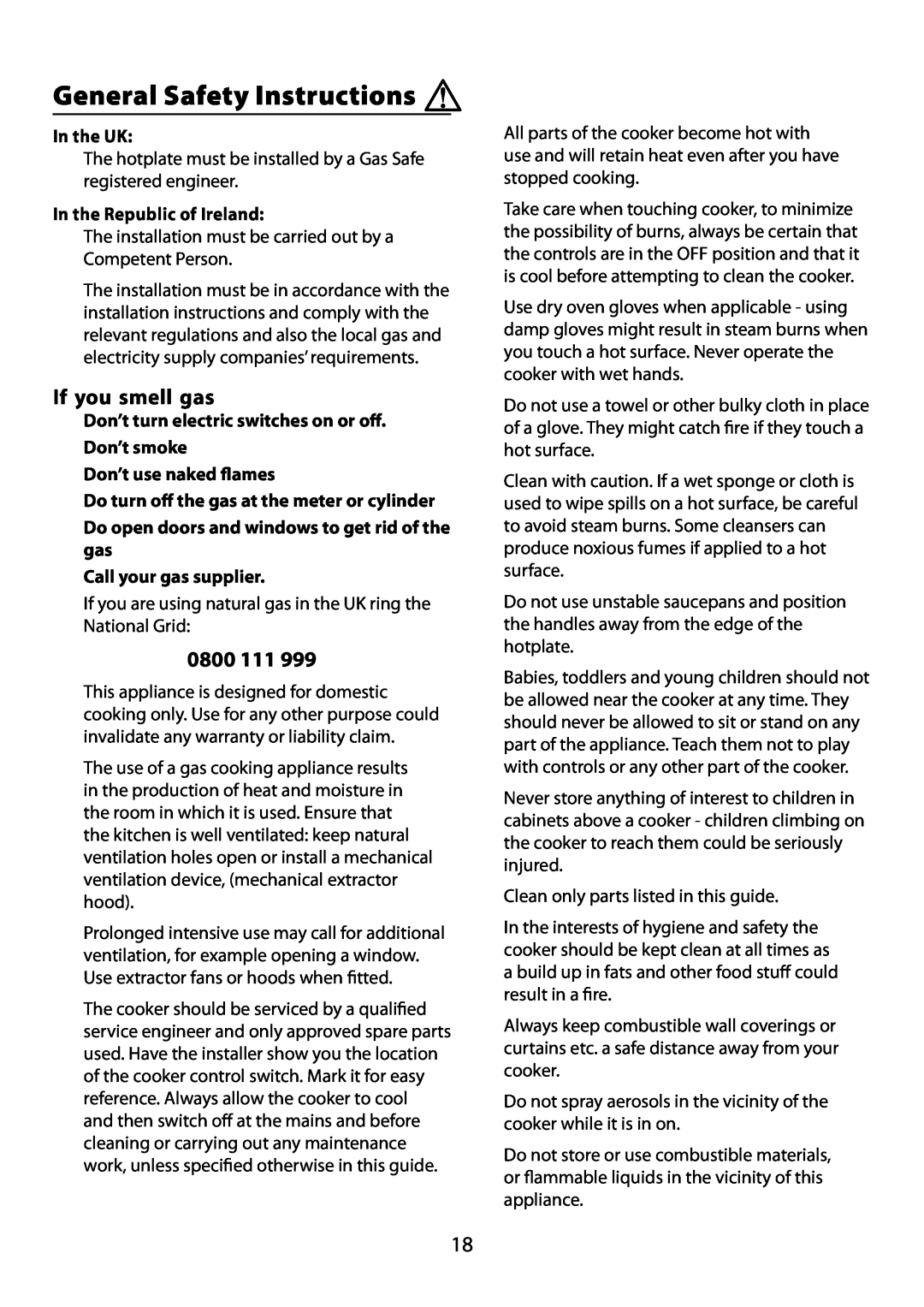 Garmin 210 GEO T DL user manual General Safety Instructions, If you smell gas, 0800, In the UK, In the Republic of Ireland 