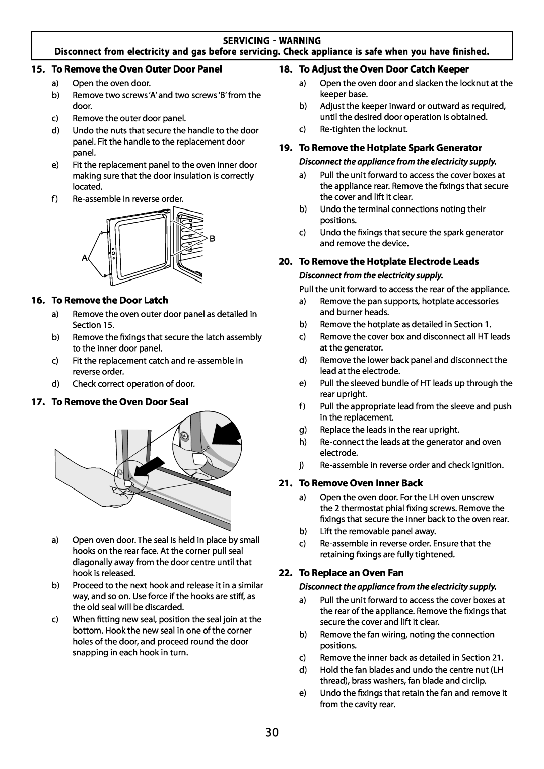 Garmin 210 GEO T DL user manual Servicing - Warning, To Remove the Oven Outer Door Panel, To Remove the Door Latch 