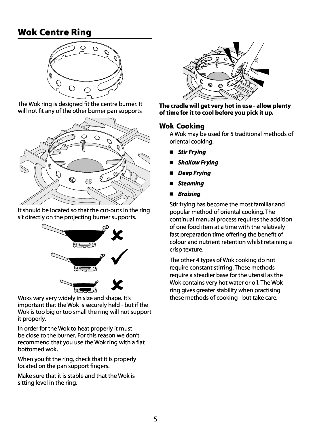 Garmin 210 GEO T DL user manual Wok Centre Ring, Wok Cooking, Stir Frying Shallow Frying Deep Frying Steaming, Braising 