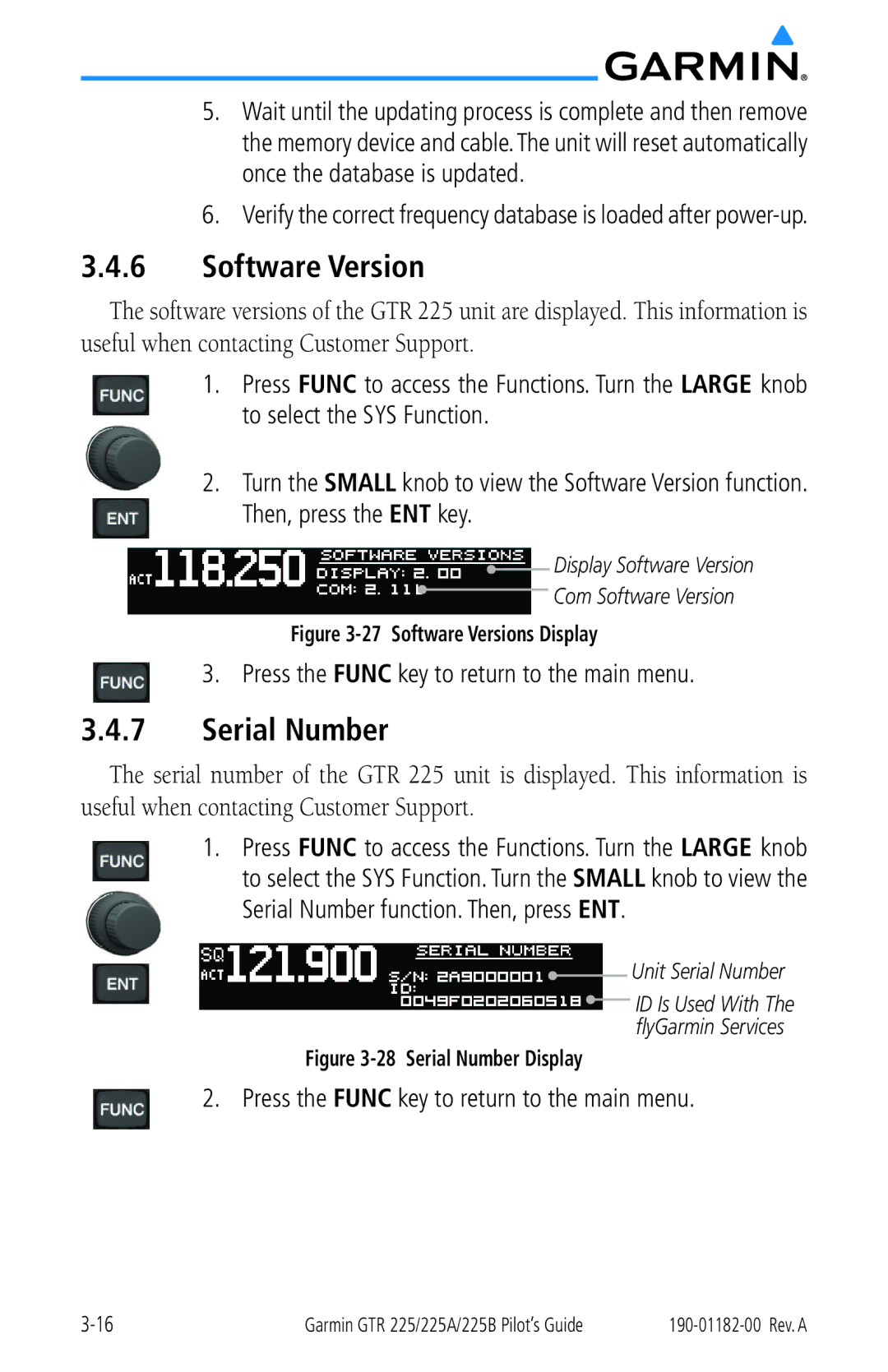 Garmin 225B, 225A manual Software Version, Serial Number, Press the Func key to return to the main menu 