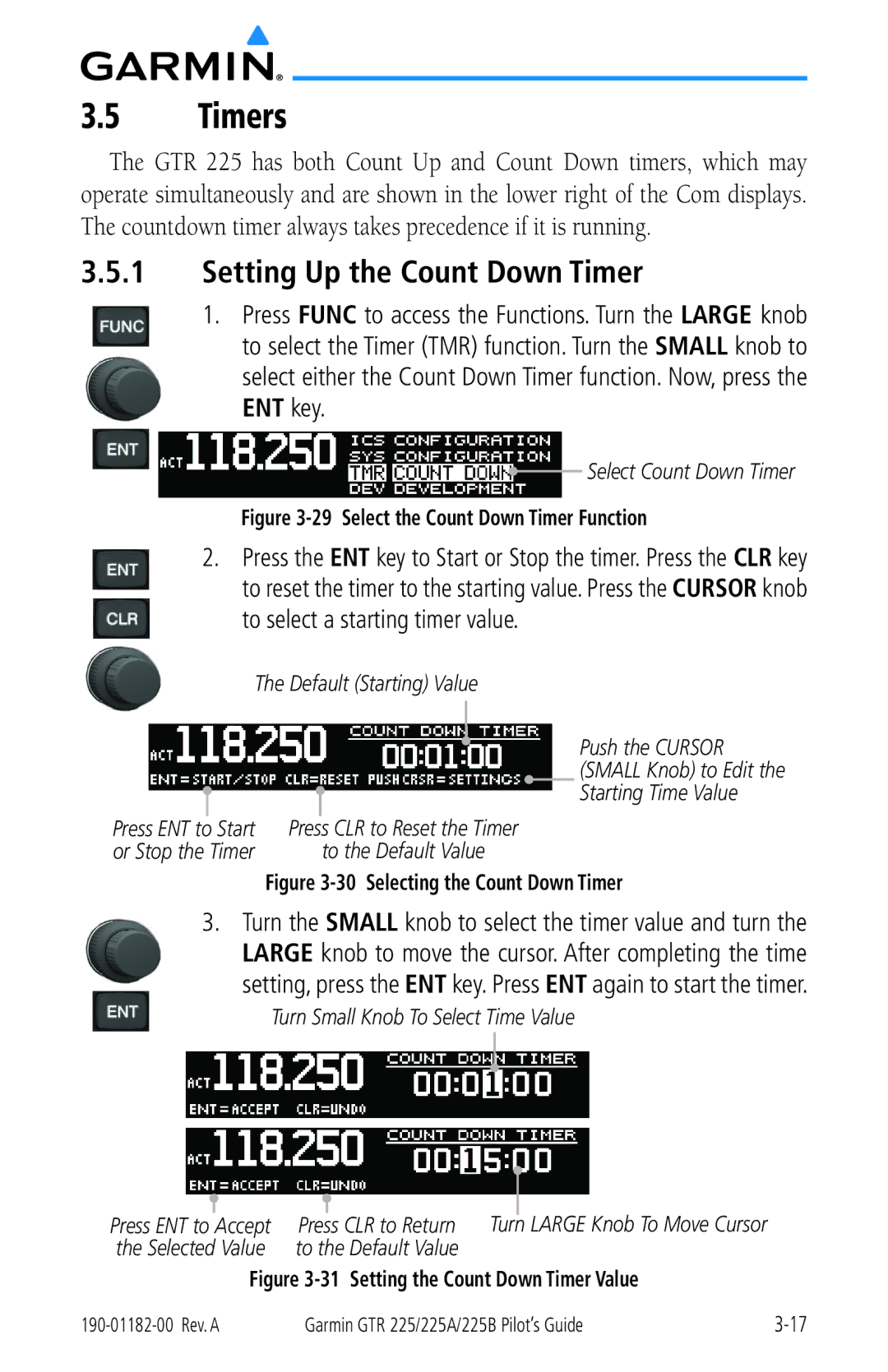 Garmin 225A, 225B manual Timers, Setting Up the Count Down Timer 